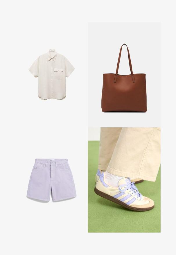 Kurzärmeliges, hellbeiges Hemd mit einer Knopfleiste und einer Brusttasche. Hergestellt aus einem weichen, strukturierten Stoff.; Lilajeansshorts mit geradem Schnitt, ausgestattet mit Fronttaschen, einem Knopfverschluss und dezenten Stickdetails.; Cremefarbene und lavendelfarbene Sneakers mit drei Streifen und einer strukturierten braunen Sohle, ausgestattet mit Schnürsenkeln und einer gepolsterten Ferse. Obermaterial aus weichem Stoff.; Braune Leder-Tote mit glatter Textur, offenem Oberteil und zwei Schulterriemen. Verfügt über minimale Nähte und keine sichtbaren Beschläge.