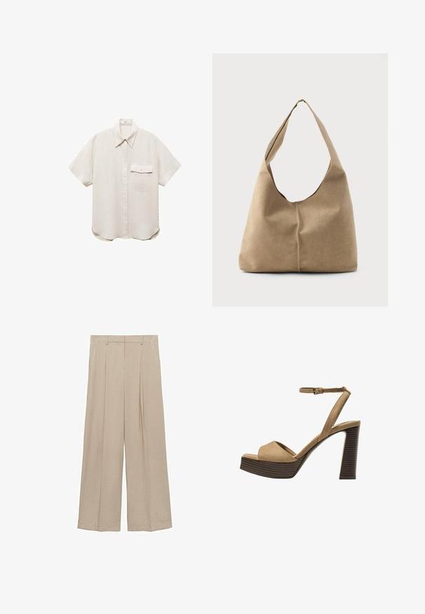 Košulja s kratkim rukavima, svijetlosmeđa, s dugmadi sprijeda i jednim džepom na prsima. Izrađena od mekog, teksturiranog materijala.; Bež hlače širokog kroja napravljene od lagane tkanine s glatkom teksturom, prednjim naborima i visokim pojasom s peteljkama za remen.; Beige suedirane sandale s visokim potpeticama, širokom prednjom trakom i trakicom oko gležnja, s debelom drvenom blok-potpeticom s teksturiranim završetkom.; Torba hobo u mekanom bež antilopu s opuštenim oblikom, širokim remenom za rame i ručno šivenim detaljem na prednjoj strani.