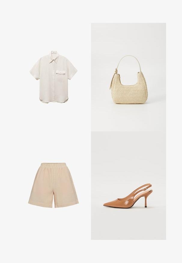 Vaaleanbeige lyhythihainen paita, jossa on nappikiinnitys ja yksi rintatasku. Valmistettu pehmeästä, teksturoituneesta kankaasta.; Moves PYNNA - Shortsit - tangerine; Korkokenkä, jossa on terävä kärki ja avonainen kanna, valmistettu sileästä, kiiltävästä ruskeasta materiaalista. Sisältää kaarevan leikkuun muotoilun ja hoikan stilettokannan. Hopeinen solkiyksityiskohta.; Kudottu olkilaukku vaaleanbeigessä, kaarevassa muodossa, lyhyellä hihnalla ja sivuvetoketjulla. Ominaisuuksiin kuuluu teksturoidumpaa pintaa ja minimalistinen muotoilu.