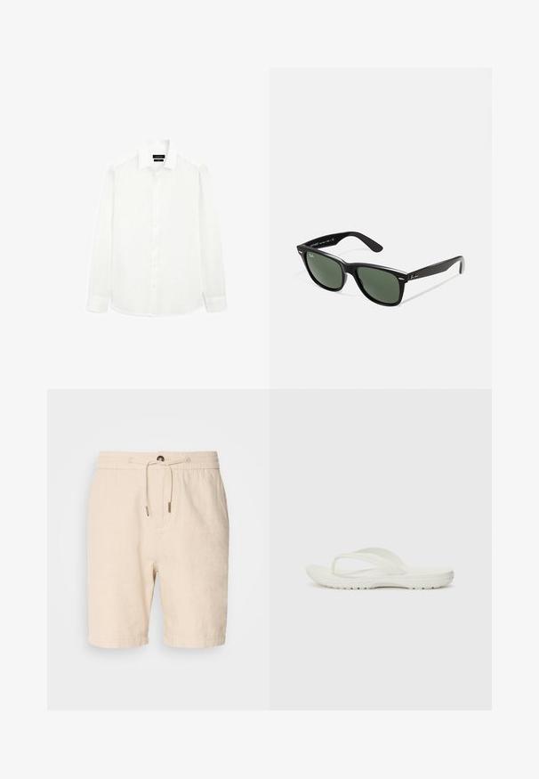 White long-sleeve shirt with a classic collar, button-down front, and straight-cut hem. Made from lightweight fabric with a smooth texture.; Scotch & Soda SEASONAL CORE BERMUDA - Shorts - soft camel; White flip-flop featuring a minimalist design, made from soft rubber material, with a flat sole and a Y-shaped strap for support.; Black plastic sunglasses with green lenses, square frames, silver accent on the brow, and textured temple arms. Stated brand on inner arm.