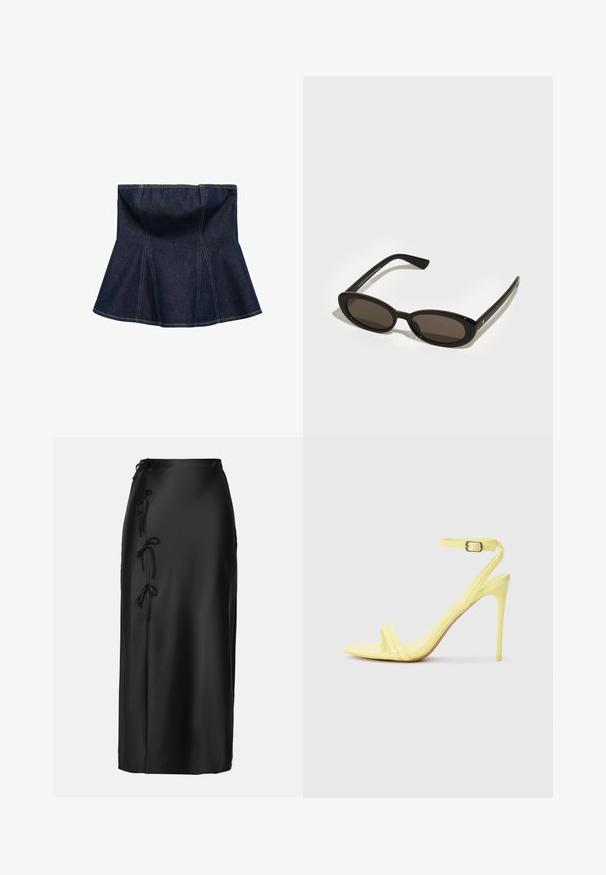 Tumma sininen farkkuhame, jossa on levenevä muotoilu, pystysaumat ja sileä pinta. Ei näkyviä varusteita tai koristeita.; Anna Field MIDI SKIRT - Kynähame - black; Keltainen lakattu nahka korkeat sandaalit, joissa on kaksi etuolkainta ja nilkkaremmissä on solki. Hoikka, kärkikorkea muotoilu.; Mustat aurinkolasit, joissa on ovaalit, puolivartiset linssit. Kiiltävät kehykset ja suorat varret. Tummennetut linssit, joissa on minimaalinen varustelu.; Musta tekstuuriline ostukott lühikeste käepidemetega, millel on kuldne lukustus ja aktsendid. Kujundus on struktureeritud koos geomeetrilise siluetiga.