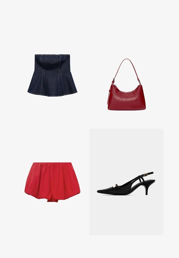 Dunkelblaue Denim-Rock mit schwingendem Design, versehen mit vertikalen Nähten und einer glatten Textur. Keine sichtbaren Beschläge oder Akzente.; Rote, leichte Shorts mit dehnbarem Bund. Sie verfügen über ein lockeres, ausladendes Design und gerafftes Material für eine bequeme Passform.; Schwarze Slingback-Pumps mit spitz zulaufender Zehenpartie, niedrigem, geschwungenem Absatz und kleiner goldener Schnalle am vorderen Riemen sowie am Knöchelriemen.; Rote Leder-Schultertasche mit einem geschwungenen Design, glatter Textur und einem Reißverschluss. Sie verfügt über einen dünnen Henkel zum Tragen.