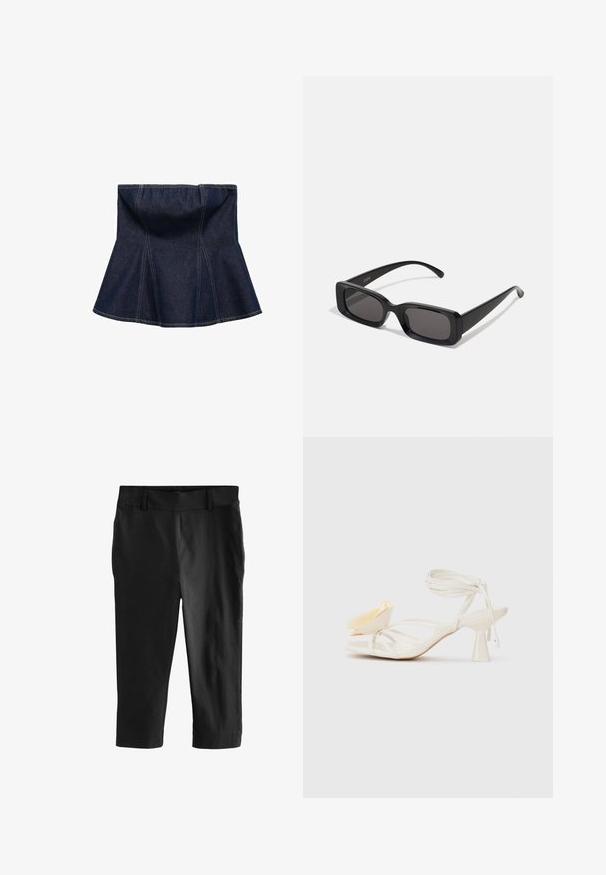 Dark blue denim skirt with flared design, featuring vertical seams and a smooth texture. No visible hardware or accents.; Black cropped trousers with a smooth texture. Features a flat front waistband and no visible pockets, designed for a tailored fit.; White strappy high-heeled sandal with a pointed toe. Features a decorative yellow petal accent and a slender ankle strap design.; Black rectangular sunglasses with dark lenses, glossy finish, wide arms, and a chunky frame design. Engraved brand name on one arm.; Clear and amber resin rings, one smooth and transparent, the other with a textured, amber finish. Both feature rounded, chunky designs.