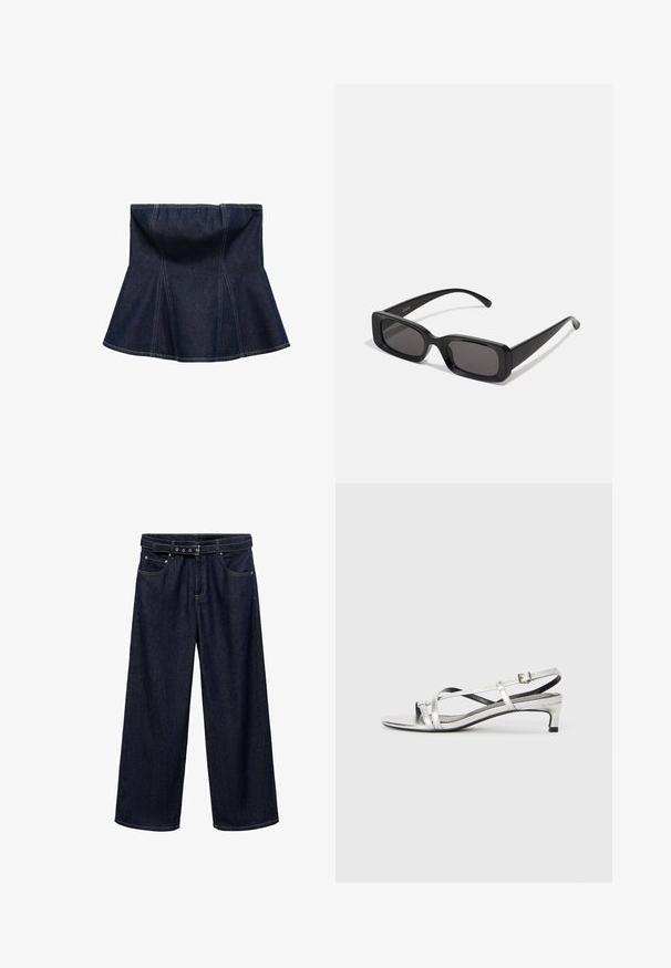 Temno modra denim krila s flared dizajnom, ki ima vertikalne šive in gladko teksturo. Brez vidne opreme ali okrasnih elementov.; Temno modri široki traper hlače. Imajo pas z zaponko in več gumbi, sprednja žepa ter čisto obdelane robove.; Srebrne metalne sandale na peto s crisscross naramnicami in gladko teksturo. Minimalističen dizajn.; Črne pravokotne sončna očala z temnimi lečami, sijajna površina, široka ročaja in masiven okvir. Vgravirano ime blagovne znamke na eni ročaji.; Jasni in jantarni smolnati prstani, en je gladek in prozoren, drugi pa s teksturiranim jantarjem. Obe imata zaobljene, debele oblike.