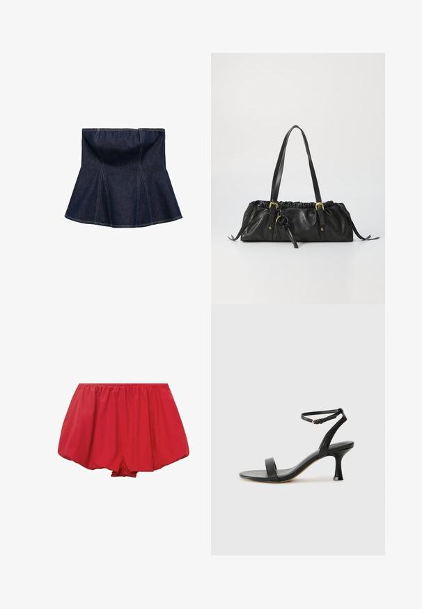 Tumma sininen farkkuhame, jossa on levenevä muotoilu, pystysaumat ja sileä pinta. Ei näkyviä varusteita tai koristeita.; Punat kevyet shortsit, joissa on joustava vyötärö. Muotoilu on löysä ja levenevä, ja kankaassa on ryppymäinen rakenne, joka takaa rentouttavan istuvuuden.; Musta nahkasaapas korkokengät nilkkahihnalla, joissa on tyylikäs muotoilu, avonainen varvas ja kapeneva korko, joka luo virtaviivaisen siluetin.; Mustassa nahkabagissa on kerrostettu yläosa, kaksi olkahihnaa, kullanvärinen metalliosuus ja keskellä pyöreä yksityiskohta. Pehmeä pinta ja kompakti muoto.