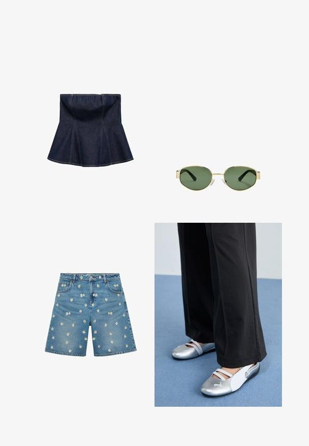 Temno modra denim krila s flared dizajnom, ki ima vertikalne šive in gladko teksturo. Brez vidne opreme ali okrasnih elementov.; Denimske kratke hlače v svetlo modri barvi, s belim vezenjem marjetic, razpršenim po tkanini. Klasična zasnova s petimi žepi in sprednjim gumbom.; Srebrni in beli ravni čevlji s prečnimi naramnicami in strukturiranimi detajli, dopolnjeni z ohlapnimi črnimi hlačami. Postavljeno na modro tla.; Očala z zlatim kovinskim okvirjem, zelenimi lečami, ovalne oblike, črnimi uhani in prozornimi nosnimi blazinicami. Čist, minimalističen dizajn.; Rdeča usnjena torba za ramo z ukrivljeno obliko, gladko teksturo in zadrgo. Ima tanek ročaj za nošenje.