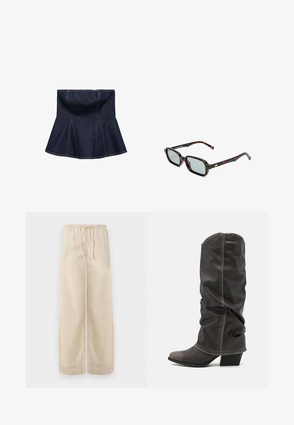 Mørkeblå denimnederdel med udvidet design, der har lodrette sømme og en glat tekstur. Ingen synlig hardware eller accenter.; Beige linned brede bukser med elastisk talje og snøre. Stof har en struktureret overflade, der giver et let og luftigt udseende.; Grå læder støvler op til læggen med et slouchy design, spidse tæer og stablet hæl. Bemærkelsesværdig syning detalje ved tåområdet.; Solsikker med rektangulære sorte og røde mønstrede stel, grå linser og guldaccent på stellets side. Designet er slankt og moderne.; Slangeprint håndtaske med et buet håndtag. Lavet af strukturerede, beige og brune materialer, med et karakteristisk diamantmønster.