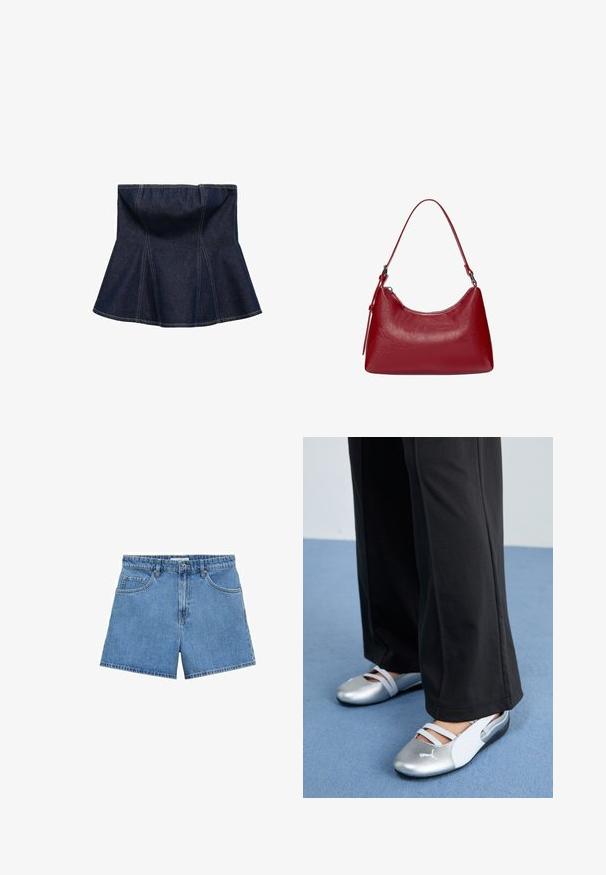 Ciemnoniebieska spódnica z denimu o rozkloszowanym kroju, z pionowymi szwami i gładką fakturą. Brak widocznych elementów metalowych lub zdobień.; Jasnoniebieskie szorty dżinsowe z wysokim stanem, pięcioma kieszeniami i zapięciem na guziki. Prosty krój z czystym dołem.; Srebrno-białe płaskie buty z krzyżującymi się paskami i fakturowanym wykończeniem, zestawione z luźnymi czarnymi spodniami. Na tle niebieskiej podłogi.; Czerwona skórzana torebka na ramię o zakrzywionym kształcie, gładkiej fakturze i zamek błyskawiczny. Posiada cienką rączkę do noszenia.