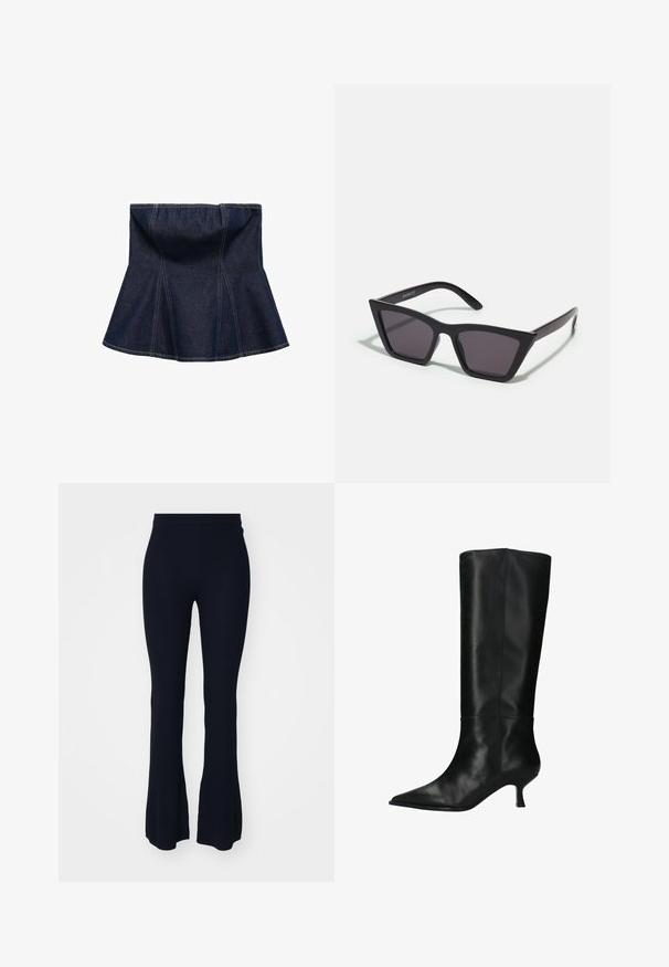 Donkerblauwe denim rok met een uitlopende ontwerp, voorzien van verticale naden en een gladde textuur. Geen zichtbare hardware of accenten.; Marineblauwe geribbelde flared pants met een strakke tailleband. Gemaakt van een zachte, gestructureerde stof, met een brede flared onderkant voor een ontspannen pasvorm.; sacha MIT KITTEN HEEL - Laarzen - black; Zwarte, hoekige zonnebril met grijze lenzen; gemaakt van plastic, met dikke armen met een gladde oppervlakte en zonder zichtbare hardware.; Zwarte lakleren schoudertas met een gebogen vorm, voorzien van een zilveren driehoeklogo en een ritssluiting. Gladde textuur en slanke schouderband.