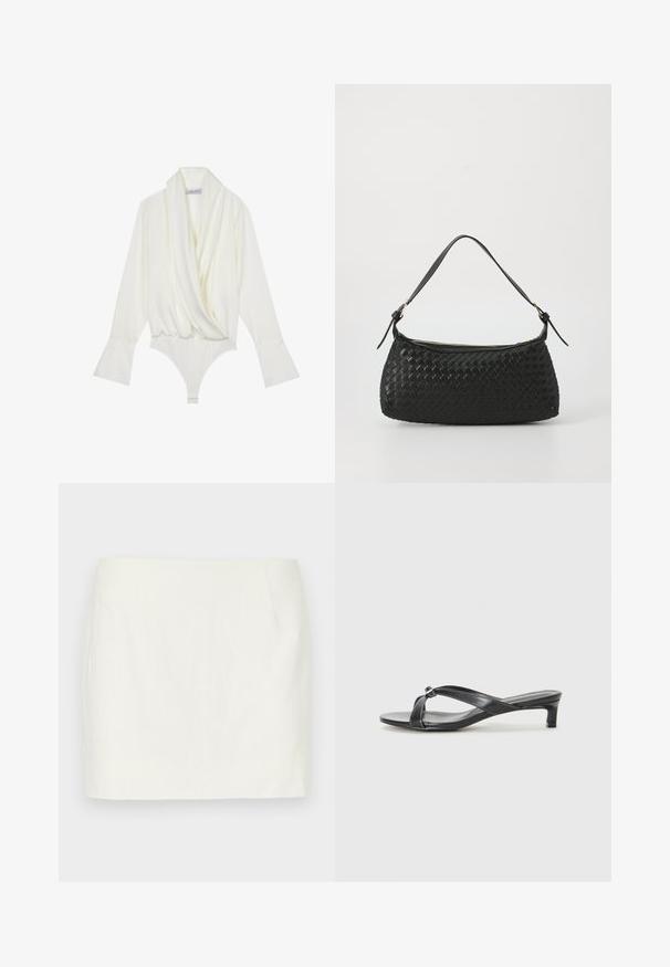 White long-sleeve bodysuit with a draped front, tailored fit, flared cuffs, and a snap closure at the bottom. Made of smooth fabric.; White linen mini skirt with a straight cut, featuring side pockets and a smooth texture. No visible patterns or accents.; Black heeled sandals with cross-strap design in smooth synthetic material. Features a low block heel and decorative accent at the strap junction.; Black woven shoulder bag with a smooth leather strap and zipper closure. Features a textured surface and curved shape.