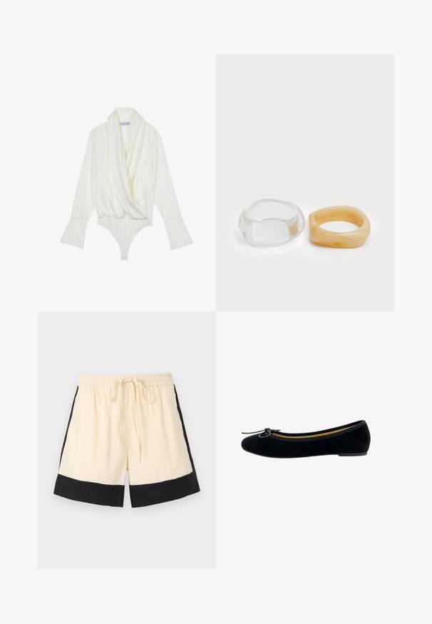 Witte lange mouw bodysuit met een gedrapeerde voorkant, op maat gesneden pasvorm, uitlopende mouwen en een drukknoopsluiting onderaan. Gemaakt van een zachte stof.; Crème-kleurige shorts met een zwarte zoom, elastische tailleband en een trekkoord aan de voorkant. De zijkanten hebben zwarte accenten, wat zorgt voor een sportief ontwerp.; Zwarte fluwelen balletschoenen met een ronde neus, een klein strikje aan de voorkant en een contrasterende gele binnenvoering.; Heldere en amber harsringen, de ene glad en transparant, de andere met een gestructureerde, amberkleurige afwerking. Beide hebben afgeronde, chunky ontwerpen.