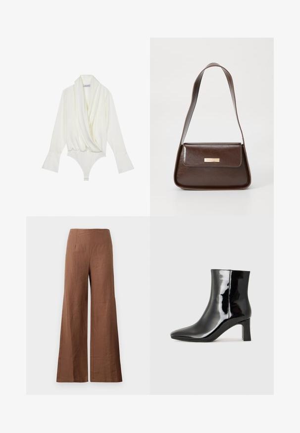 Fehér hosszú ujjú testharisnya, drapírozott elejű, testhezálló fazonú, harangujjú, és alsó patentzárral. Sima anyagból készült.; Barna, széles szárú nadrág, textúrált anyagból készült. Magas derék jellemzi, két elülső pliszével és egyenes, laza lábakkal.; Fekete lakk bőrcipő bokáig érő, hegyes orral és közepes magasságú tömbsarokkal. Simább textúrával és minimalista dizájnnal rendelkezik.; Barna bőr válltáska, struktúrált formával, mágneses fedélzárral és fémből készült logóval az elején.