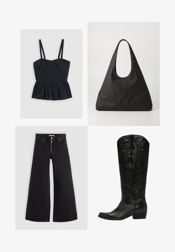 Czarny, bezrękawnikowy top peplum z cienkimi ramiączkami, z efektownym teksturowanym wzorem kwiatowym i usztywnioną górą, wykonany z miękkiego materiału, z rozkloszowanym dołem.; Jeans o szerokich nogawkach w czarnym denienie z zamkiem błyskawicznym z przodu, pięcioma kieszeniami i subtelnymi detalami przeszycia. Gładka tekstura i swobodny styl.; Czarne skórzane kowbojki z wytłaczanym wzorem w spirale, spiczastym noskiem i warstwowym obcasem. Posiadają pętelkę na górze dla łatwego zakładania.; Czarna skórzana torba tote z zakrzywionym uchwytem, wydłużonym trójkątnym kształtem i gładką fakturą. Charakteryzuje się minimalistycznym wzornictwem bez widocznych elementów metalowych.