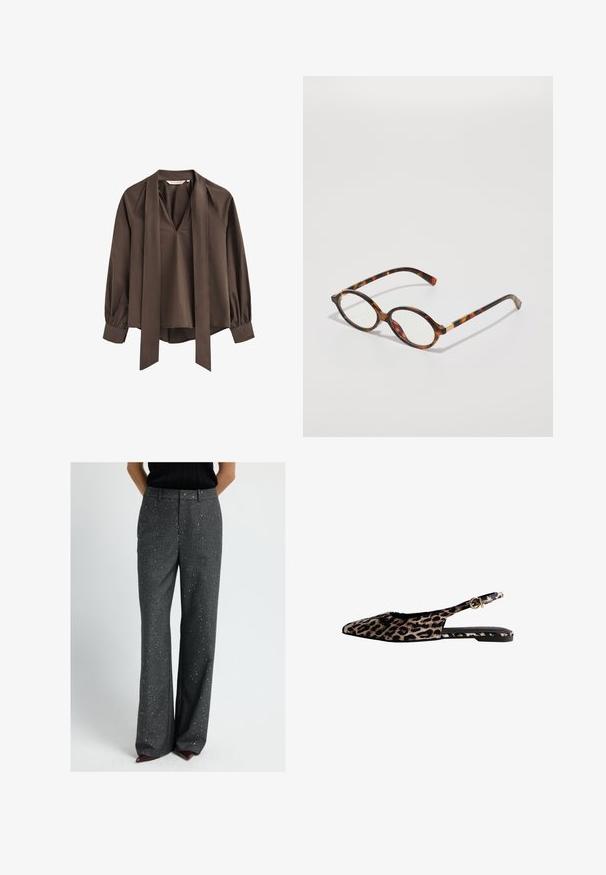Blusa marrón de manga larga con escote en V profundo, corbata ancha adjunta y puños fruncidos.; Mujer con pantalones oscuros de talle alto y pata ancha en gris oscuro con pequeños destellos, combinados con una blusa negra y zapatos burdeos de punta.; Bailarinas de charol con estampado de leopardo y punta afilada, fabricadas en material suave, con un acento de hebilla en tono dorado y suela negra mínima.; Gafas de tortuga con montura ovalada, lentes claros y detalles en dorado. Presentan patillas curvadas y un acabado suave y brillante.
