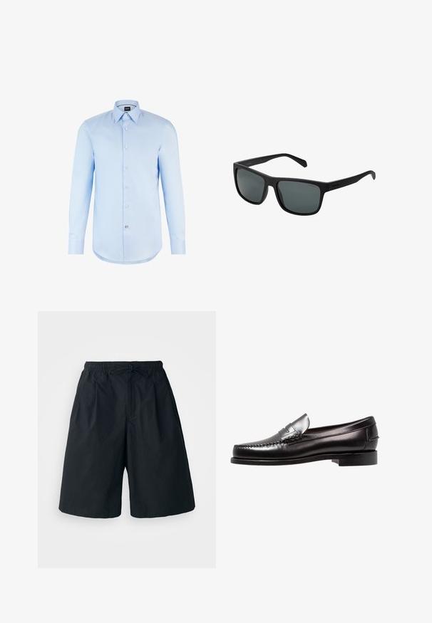 Lys blå langærmet skjorte med knaplukning og spidse krave, enkelt brystlomme og hvide knapper. Glat stof, skræddersyet pasform.; Sorte shorts med elastisk talje og justerbar snor. Lavet af et glat stof, med en løs pasform og uden synlige mønstre.; Sorte læder penny loafers med en lav hæl, glat overflade og dekorative syninger på tåen. Klassisk slip-on design.; Polaroid Solbriller - matt black; Sølv metal armbåndsur med firkantet urkasse, hvid skive, romerske tal og et sølvfarvet kædearmbånd. Har en vandafvisende design.