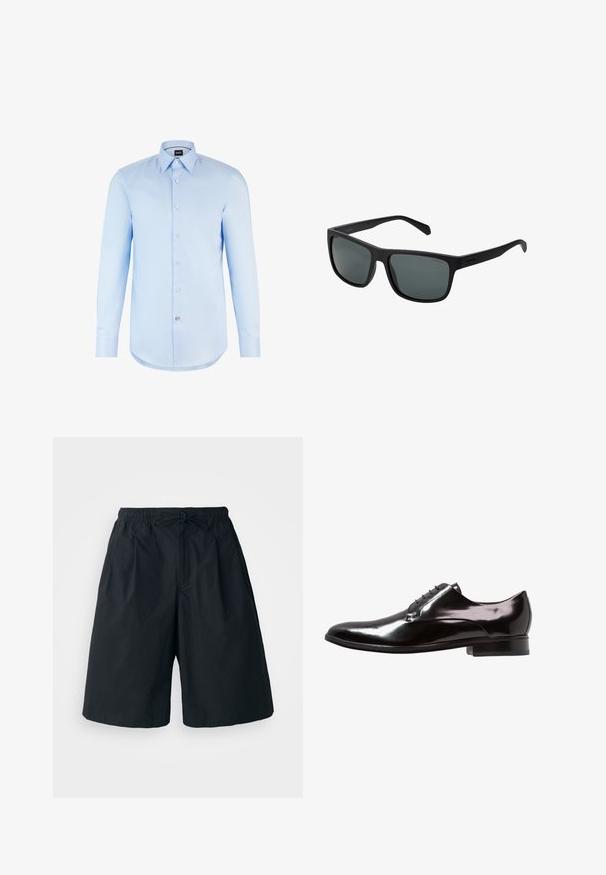 Svetlomodrá košeľa s dlhým rukávom, zapínaním na gombíky a špicatým golierom, s jednou náprsníkou a bielymi gombíkmi. Hladká tkanina, prispôsobený strih.; Čierne šortky s elastickým pásom a nastaviteľným šnúrkovým uzáverom. Vyrobené z hladkej tkaniny, s voľným strihom a bez viditeľných vzorov.; Čierne kožené šaty s vysokým leskom, šnurovací dizajn, zaoblená špička a malý podpätok, s minimálnymi detailmi.; Polaroid Slnečné okuliare - matt black; Strieborné kovové náramkové hodinky so štvorcovým puzdrom, bielym ciferníkom, rímskymi číslicami a strieborným náramkom. Majú vodoodolný dizajn.