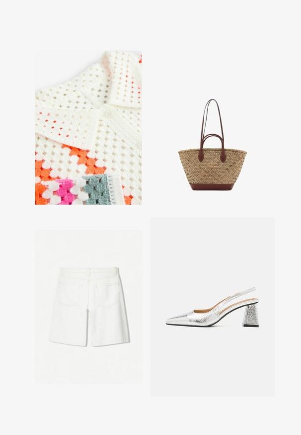 Valkoinen virkattu poolopaita, jossa on avoin neulekuviointi ja oranssia, vaaleanpunaista sekä harmaata korosteväriä; sisältää napitettavan kauluksen ja tekstuurikankaan.; Valkoiset farkkushortsit suoran leikkauksen muotoilulla, joissa on korkea vyötärö, kaksi takataskua ja huomaamaton ommelainetyyli.; Hopeapintaiset slingback-kengät, joissa on teräväkärkinen muotoilu, tekstuurinen metallipinta ja kolmiomukoinen korko. Sisäosa sisältää ruskeita nahkayksityiskohtia.; Kudottu oljetikassi, jossa on punottu rakenne, tummanruskeat nahkakahvat ja pohja, leveä pyöreä muoto ja avoin ylhästä muotoilu.