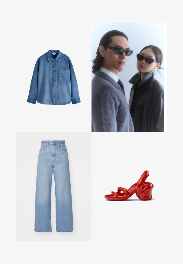 Blå kordflodsskjorta med knappstängning fram, krage och en enda bröstficka. Har långa ärmar och en avslappnad passform.; Ljusblå högmidjade vida jeans med knapp- och dragkedjestängning, fram- och bakfickor, mot en vit bakgrund.; Röda skulpturala klackar gjorda av glänsande material, med krökta remmar och en kraftig klackdesign. Slät yta med lekfulla former.; Solglasögon med kantiga svarta bågar på en modell med en grå tröja som visar upp en strukturerad stickad yta och en svart läderjacka som bärs av en annan modell.