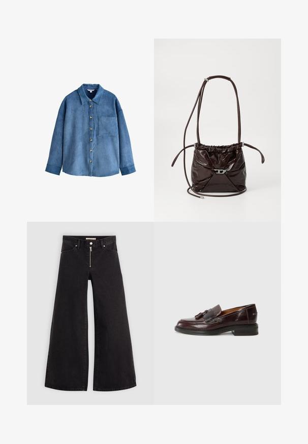 Cămașă din corduroy albastru cu front butonat, guler și un singur buzunar pe piept. Are mâneci lungi și o croială confortabilă.; Jeans cu picioare largi din denim negru, cu fermoar în față, design cu cinci buzunare și detalii subtile de cusătură. Textură netedă și stil casual.; Loafers din piele maro cu un accent din ciucuri, vârf rotunjit, toc mic pătrat și talpă texturată. Finisaj neted cu detalii subtile de cusături.; Geantă de umăr din piele lucioasă, de culoare maro închis, cu partea superioară plisată și curea subțire reglabilă, având un detaliu mic cu închidere din metal argintiu în față.