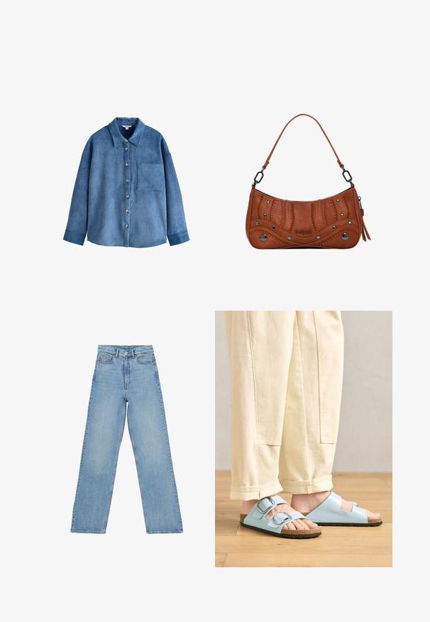 Camisa de pana azul con botonadura frontal, collar y un solo bolsillo en el pecho. Cuenta con mangas largas y un corte relajado.; Jeans de mezclilla azul claro con alta cintura, diseño de pierna recta, que cuentan con cinco bolsillos y cierre de botón. Sin patrones visibles.; Sandalias de punta abierta en azul claro con doble hebilla, plantilla de corcho y suela de goma negra, combinadas con unos pantalones de pierna ancha en color crema.; Bolso de mano sintético marrón con un diseño curvado, costuras detalladas, tachuelas de metal y una correa corta. Cierre de cremallera con acentos decorativos.
