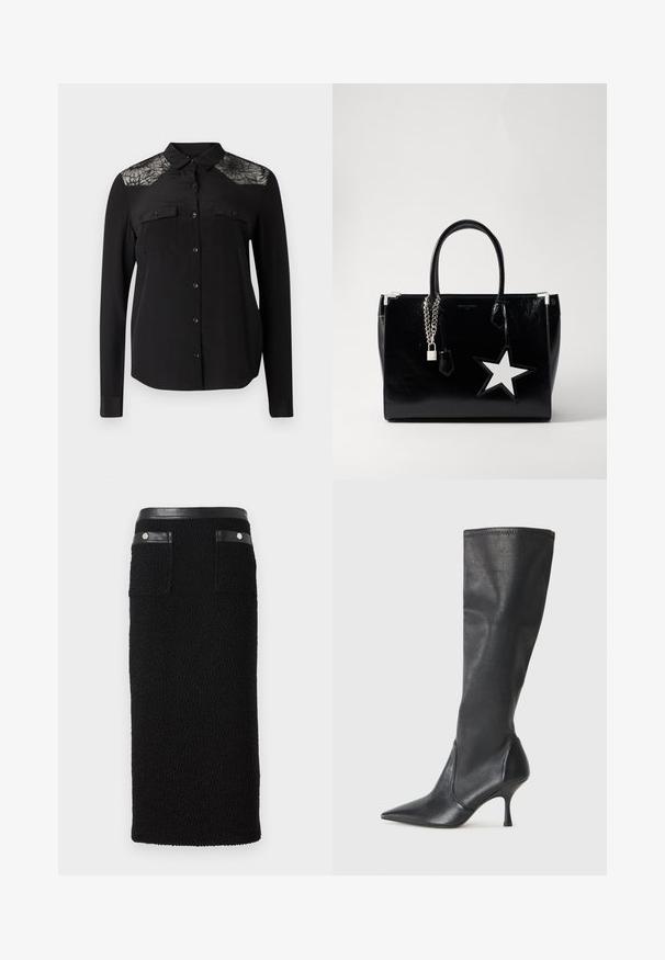 Chemise noire à manches longues avec un bouton de fermeture, deux poches poitrine et des détails en dentelle sur les épaules. Tissu lisse avec un col classique.; Jupe crayon noire en matériau texturé, avec une taille noire lisse, deux poches arrière avec des accents en argent.; Bottes en cuir noir arrivant jusqu'aux genoux avec un bout pointu et un talon aiguille fin. Texture lisse avec un design ajusté et des coutures au bord supérieur.; Sac à main en cuir verni noir avec une forme épurée. Il dispose de quincailleries en chaîne argentée, d'un verrou et d'un accent en étoile blanche sur le côté.