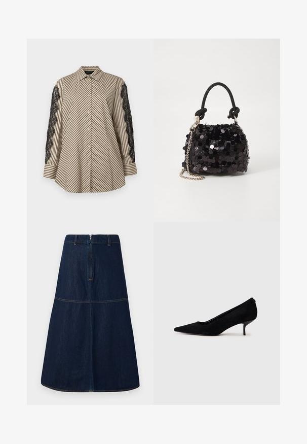 Gombos, nyakirkú ing függőleges fekete és bézs csíkokkal. Fekete csipke részletek találhatók mindkét ujjon. Lazább fazon.; Sötét farmer A-vonalú szoknya, közepes hosszúságú, hátul zippzárral, kontrasztos arany varrással és vízszintes varrási részlettel.; Fekete velúr magassarkú cipő hegyes orral és vékony, alacsony sarokkal. Simább textúrájú, letisztult dizájn, amelyen nincsenek látható fém alkatrészek.; Fekete flitteres mini kézitáska csomózott textúrájú pánttal és ezüst lánccal. Lekerekített forma, ráncolt tetejével és fényvisszaverő részletekkel.