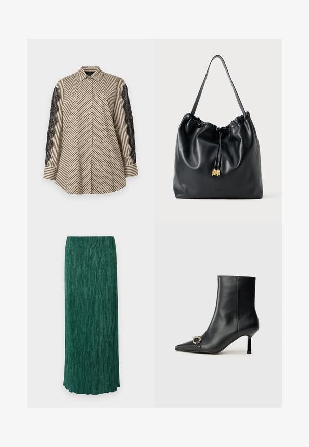 Hemd mit vertikalen schwarz-beigen Streifen. Verfügt über schwarze Spitze an beiden Ärmeln. Knopfverschluss vorne, lässige Passform.; Langer grüner Rock mit strukturierter Oberfläche, vertikalen Falten und einem dezenten Glanz. Er hat eine gerade Silhouette und einen gewellten Saum.; Schwarze Leder-Stiefelette mit spitzer Zehe, schlankem, mittelhohem Absatz und silberner Schnalle seitlich vor einem schlichten Hintergrund.; Schwarze Lederzugtasche mit glatter Oberfläche, gerafftem oberen Teil und dezenten goldenen Hardware. Sie verfügt über einen stabilen Schulterriemen und ein geprägtetes Logo.