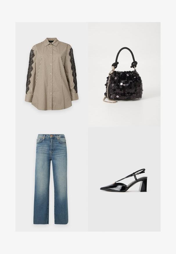 Košilové tričko s vertikálními černými a béžovými pruhy. Obsahuje černé krajkové detaily na obou rukávech. Zapínání na knoflíky vepředu, uvolněný střih.; Široké modré džíny vyrobené z denimu, s bledým omytím, pěti kapsami, zapínáním na knoflík a poutky na opasek, s rovný a uvolněný střihem.; Černé lakované slingback boty na vysokém podpatku s špičatou špičkou, nastavitelným páskem a masivním obdélníkovým podpatkem.; Černá mini kabelka s flitry, s uzlovým texturovaným popruhem a stříbrným řetízkem. Zaoblený tvar s nařaseným vrchem a reflexními detaily.