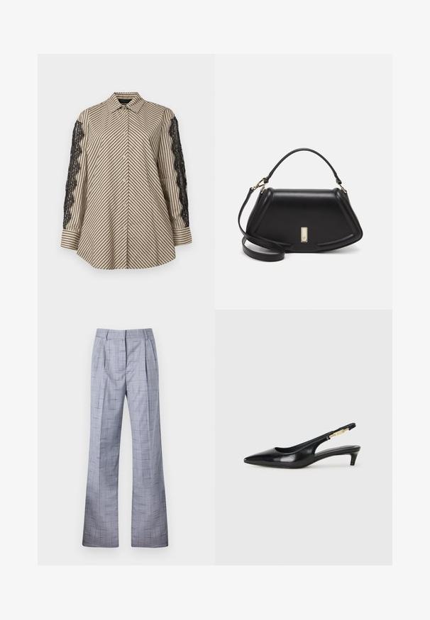 Marškiniai su apykakle ir vertikaliomis juodomis bei smėlinėmis juostelėmis. Abu rankovės puošia juodos nėriniai. Mygtukų užsegimas priekyje, laisva forma.; Pilkos langeliu rašto kelnės su plačiomis kojomis, kurios turi klostes ir subtilų tekstūrą. Pagamintos iš lengvos medžiagos, turi pritaikytą siluetą.; Juodas odinis pavasario batelių modelis su smailiu nosiu, turintis siaurą kulniuką ir auksinės spalvos akcentu reguliuojamoje juostoje. Lygi tekstūra.; Juoda odinė rankinė su struktūrizuotu dizainu, turi trumpą formą, viršutinę rankeną ir auksinius akcentus. Pridėtas reguliuojamas peties diržas.