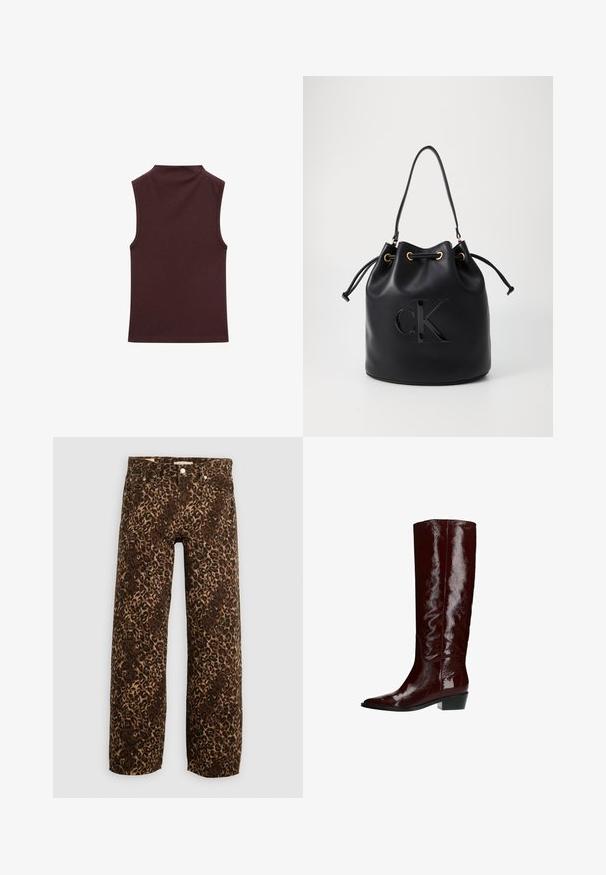 Top senza maniche in un profondo bordeaux, realizzato in un materiale morbido e elasticizzato. Presenta un collo alto e un design aderente con bordi rifiniti e puliti.; Jeans a gamba larga con stampa leopardata in marrone e beige. Realizzati in denim, presentano un classico design a cinque tasche e finiture in metallo.; Stivali al ginocchio bordeaux realizzati in materiale sintetico lucido, con punta appuntita e tacco a blocco basso. Superficie liscia con un leggero riflesso.; Borsa a secchiello in pelle nera con chiusura a cordoncino, caratterizzata da un logo "CK" lucido sulla parte anteriore e dettagli in hardware dorato.