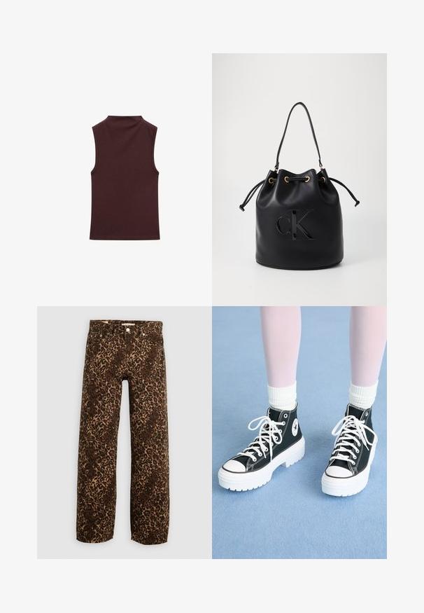 Ärmelloses Oberteil in tiefburgunder, aus weichem, dehnbarem Material gefertigt. Verfügt über einen hohen Halsausschnitt und ein tailliertes Design mit sauberen, fertigen Kanten.; Leopardenmusterweite Beinhosen in Braun und Beige. Hergestellt aus Denim, mit einem klassischen Fünf-Taschen-Design und Metallbeschlägen.; Schwarze High-Top-Sneaker mit weißen Sohlen und Schnürsenkeln, die auf der Seite ein rundes Logo und kontrastierende schwarze Nähte aufweisen. Obermaterial aus strukturiertem Stoff.; Schwarze Leder-Eimer-Tasche mit Kordelzugverschluss, ausgestattet mit einem glänzenden "CK"-Logo auf der Vorderseite und goldfarbenen Hardware-Akzenten.