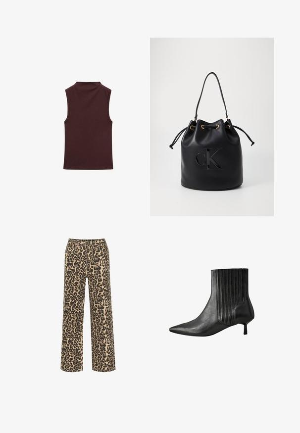 Mouwloze top in diep bordeauxrood, gemaakt van zacht, rekbaar materiaal. Beschikt over een hoge halslijn en een aansluitend ontwerp met schone, afgewerkte randen.; Beige en zwarte stoffe broek met luipaardprint, met een knoopsluiting en meerdere zakken, gemaakt van een gestructureerde stof.; Zwart leren enkellaars met een puntige neus, ribbelontwerp aan de zijkant en een lage, vierkante hak. Gladde textuur met een glanzende afwerking.; Zwarte leren emmer tas met trekkoord sluiting, voorzien van een glanzend "CK" logo aan de voorkant en gouden hardware accenten.