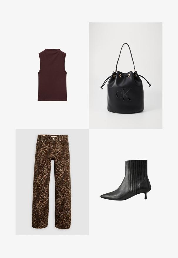 Ærmeløs top i mørk burgunder jersey-stof, med høj hals og glat tekstur. Designet inkluderer pænt afsluttede kanter og ingen yderligere pynt.; Bordeaux og tan leopardprint brede benjeans. Fremstillet af denim, med et klassisk fem-lomme design og metalhardwaredetaljer.; Sort læder ankelstøvle med spids tå, ribbet sideskæring og lav, kvadratisk hæl. Glat tekstur med en blank overflade.; Sort læder bucket bag med snørelukning, der har et glosseret "CK" logo foran og hardware accenter i guld-tone.