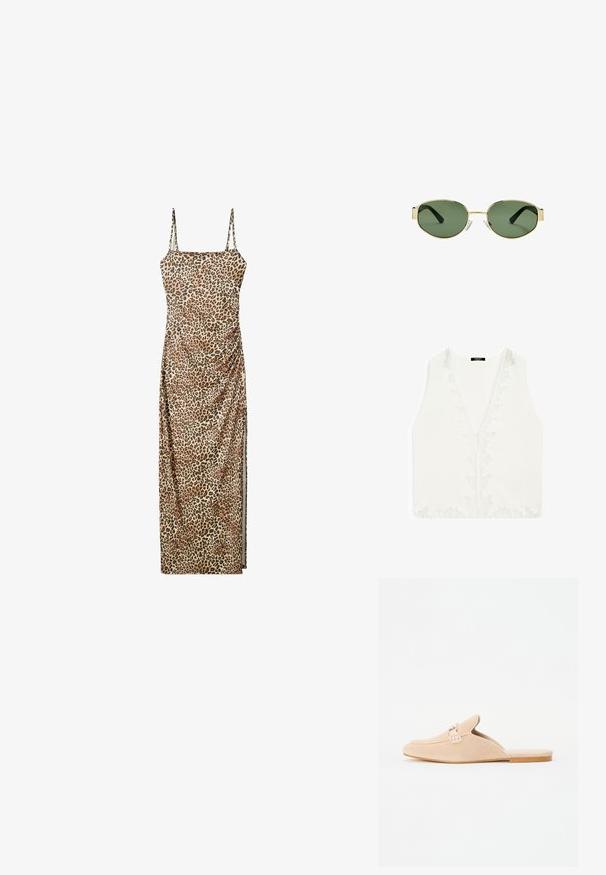 Weiße ärmellose Bluse mit tiefem V-Ausschnitt, die zarte Spitze an den Kanten aufweist und aus einem glatten, leichten Stoff besteht.; Maxikleid mit Leopardenmuster, verstellbaren Spaghettiträgern, gerafften Seitendetails und einem glatten, leichten Stoff.; Beige Wildleder Slipper mit geschlossener Zehenpartie, versehen mit einer dekorativen Schnalle und einer flachen Korksohle. Glatte Textur mit minimalistischem Design.; Sonnenbrille mit goldfarbenem Metallrahmen, grünen getönten Gläsern, ovaler Form, schwarzen Bügeln und klaren Nasenpads. Sauberes, minimalistisches Design.