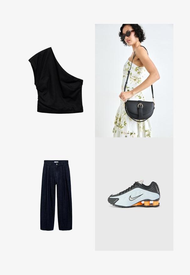 Crni top s jednim ramenom napravljen od mekanog materijala. Ima asimetrični dizajn s laganim nabiranjem i detaljem s patentnim zatvaračem sa strane.; Tamno plave široke hlače s plisama na struku, s prednji gumbom i petljama za remen. Glatka tekstura i dizajn punih dužina.; Crna i svijetloplava atletska obuća s okruglim prstima, gornjište od mrežaste i sintetičke tkanine te narančasta potpora za petu u dizajnu koji apsorbira udarce.; Crna kožna torba s lukovitim oblikom, odvojivim remenom i zlatnim detaljima. Torba ima preklop s kopčom.