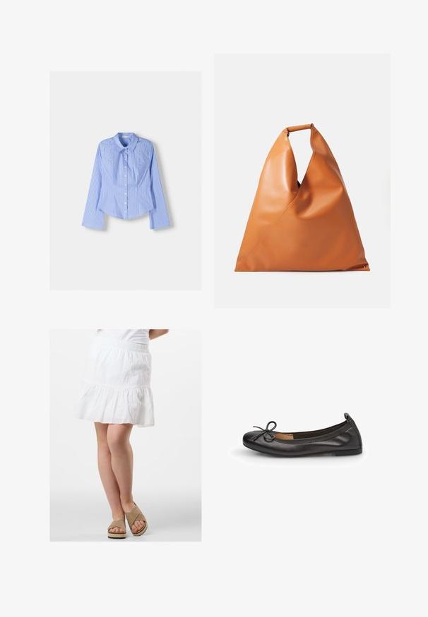 Blue and white striped long-sleeve button-up shirt with a spread collar, tailored fit, and curved hemline. Textured cotton material.; White cotton skirt with a tiered ruffle design, featuring eyelet details. Elastic waistband and worn with beige espadrille sandals.; Black leather ballet flat with a rounded toe, slim bow detail on the front, and elasticated trim for a secure fit. Flat sole for comfort.; Tan smooth leather triangular handbag with short rounded handle and soft, slouchy structure on a white background.