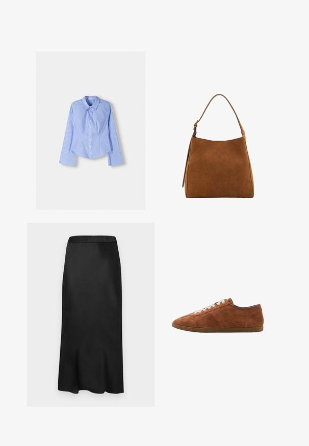 Blauw en witte gestreepte langlopende overhemstel met een spreadkraag, getailleerde pasvorm en afgeronde zoom. Gestructureerd katoenen materiaal.; Zwarte, satijnen midi-skirt met een elastische tailleband. Gladde textuur en eenvoudig ontwerp, dat iets taps toeloopt aan de zoom voor een vloeiende silhouet.; Bruine nubuck sneaker met witte veters, ronde neus en textuuraccenten. Heeft een laag profiel en een rubberen zool met een gladde afwerking.; Bruine suède schoudertas met een gebogen bovenkant, enkele strap en een gladde textuur. Kenmerkt zich door een minimalistisch ontwerp en strakke lijnen.