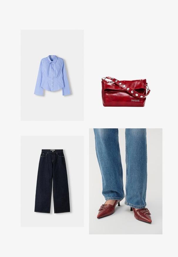 Blue and white striped long-sleeve button-up shirt with a spread collar, tailored fit, and curved hemline. Textured cotton material.; Dark blue denim wide-leg jeans with a high waist, five pockets, contrast stitching, and silver metal hardware. Smooth texture and clean finish.; Red leather pointed-toe shoes with a small heel, featuring horizontal stitching and two silver buckles, worn with blue denim jeans.; Red synthetic leather shoulder bag with a fold-over flap, silver snap accents on the strap, and a printed "Desigual" logo.