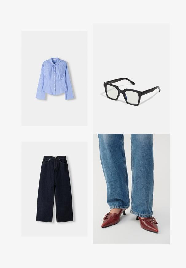 Kék és fehér csíkos, hosszú ujjú, gombos ing, széles gallérral, testre szabott szabású, ívelt szegéllyel. Textúrált pamutanyag.; Sötétkék farmer széles szárú nadrág magas derékkal, öt zsebbel, eltérő varrással és ezüstszínű fémalkatrészekkel. Sima textúra és tiszta finish.; Piros bőr, hegyes orrú cipők kis sarokkal, vízszintes varrással és két ezüst csattal, kék farmernadrággal viselve.; Fekete négyzet alakú napszemüveg matt felülettel, átlátszó lencsékkel, az egyik oldalon enyhe kékes árnyalattal. Robusztus, szögletes dizájn.; Piros szintetikus bőrből készült válltáska, hajtószárnyú fedéllel, ezüst snap díszítéssel a pánton és nyomtatott "Desigual" logóval.