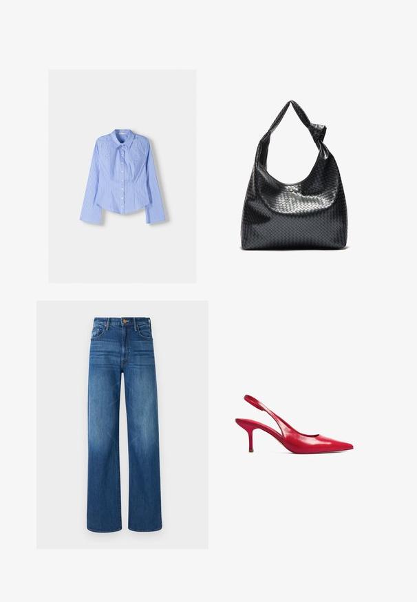 Blau-weiß gestreifte Langarmhemd mit Knopfverschluss, weit geschnittener Kragen, taillierter Passform und abgerundetem Saum. Texturiertes Baumwollmaterial.; Mother THE LASSO SNEAK - Jeans Relaxed Fit - dark blue denim; Rote Leder Slingback-Absätze mit spitzem Zehenbereich und dünnem Absatz. Glatte Textur mit minimalistischem Design und Ausschnitt am Absatz.; Schwarze gewebte Lederhandtasche mit lässigem Design, ausgestattet mit einem geknoteten Trageriemen und einem kleinen dekorativen goldenen Nagel am oberen Rand.