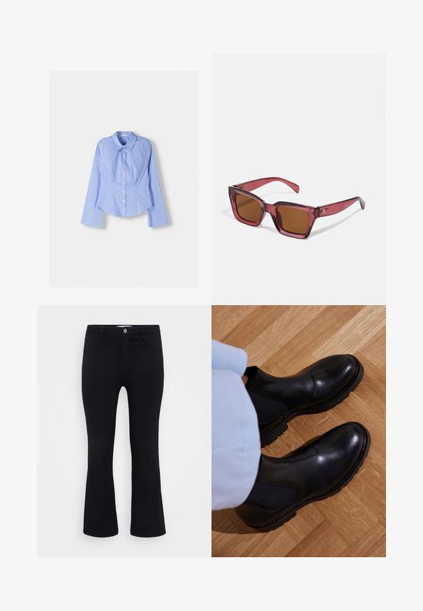 Modra in bela prugasta srajca z dolgimi rokavi in gumbom, s širšim ovratnikom, prilagojenim krojem in ukrivljenim robom. Teksturni bombažni material.; ONLY Carmakoma CARTHUNDER PUSH UP - Kavbojke na trapez - black denim; Črne gležnjarje iz gladke usnje z elastčnimi stranskimi paneli, teksturo gumijastim podplatom in kontrastnim šivanjem ob robu.; Rdeča kvadratna sončna očala z rjavimi lečami. Narejena iz prosojnega plastike. Imajo izrazit angulären dizajn in diskretno blagovno znamko na oporniku.