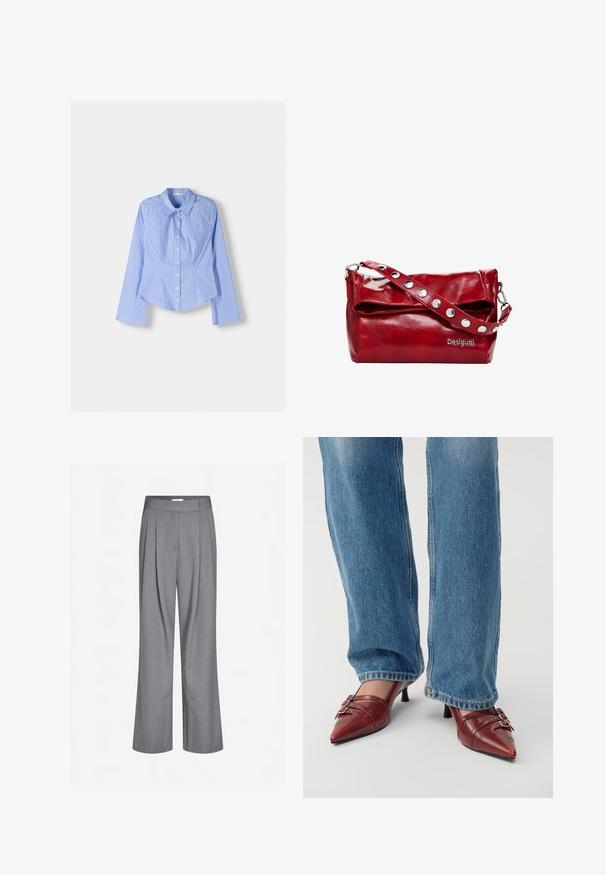 Blå och vit randig långärmad skjorta med knäppning, spridd krage, skräddarsydd passform och rundad fåll. Texturerat bomullsmaterial.; Grå vida byxor med flat midja, vertikala veck och en slät textur, designade i ett lätt, vävt material.; Röda läderpumps med spetsig tå och en liten klack, med horisontell sömnad och två silverfärgad spännen, bära med blå denimjeans.; Röd syntetisk läder axelväska med en vikbar klaff, silverfärgade tryckknappar på remmen och en tryckt "Desigual"-logotyp.