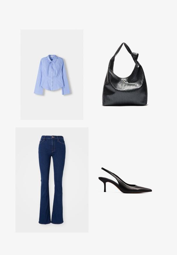 Blå och vit randig långärmad skjorta med knäppning, spridd krage, skräddarsydd passform och rundad fåll. Texturerat bomullsmaterial.; Mörkblå utsvängda jeans i bomullsdenim, hög midja med fem fickor, subtila sömnadsdetaljer och en slät finish.; NA-KD Pumps - black; Svart vävd läderhandväska med en avslappnad design, som har en knuten rem och en liten dekorativ guldfärgad nitar högst upp.