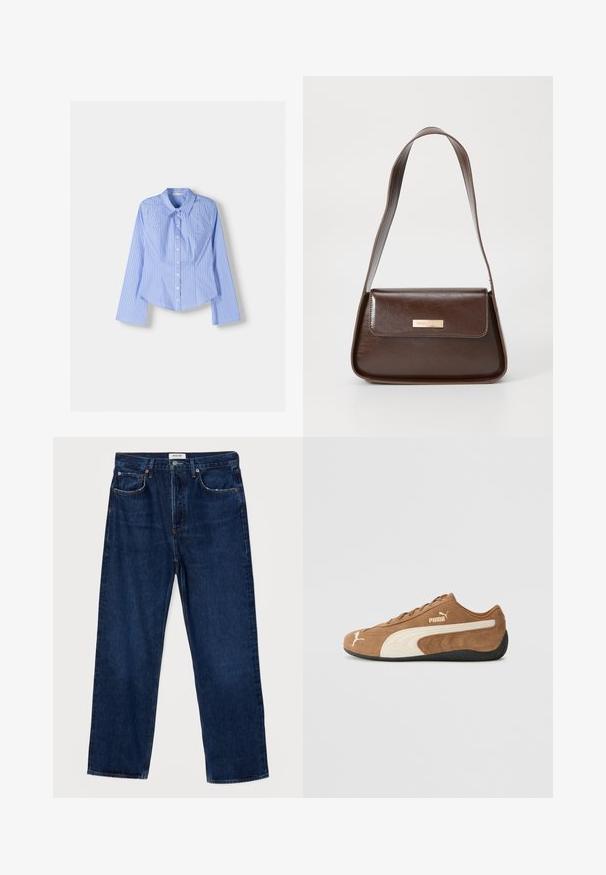 Plava i bijela prugasta košulja dugih rukava s dugim rukavima, prilagođenim krojem i zaobljenim rubom. Teksturirani pamučni materijal.; Tamno plave traperice s visokim strukom, ravnog kroja, dizajnom s pet džepova i kontrastnim šavovima. Imaju zatvaranje na dugme i petlje za remen.; Smeđi zamjubljeni niskopodni tenisice s kremastim akcentima, teksturiranom površinom, crnim gumeni potplat, i izvezenim logom na strani i jeziku.; Smeđa kožna torba za rame sa strukturiranim oblikom, koja ima magnetsko zatvaranje na preklopu i metalni logo akcent na prednjoj strani.