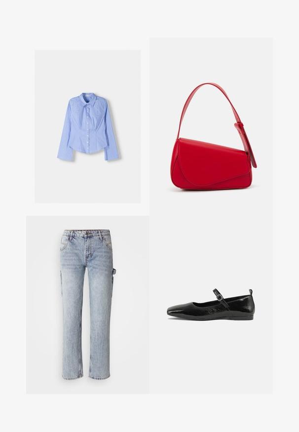 Siniraitaiset sinivalkoiset pitkähihaiset nappipaidat, joissa on levitetty kaulus, istuva mitoitus ja kaareva helma. Kankainen puuvillamateriaali.; Ei onnistunut luomaan alt-tekstiä; Musta patenttinaahkakenkä litteällä pohjalla, terävä kärki, nilkkahihna soljella ja sileä, kiiltävä pinta. Matala korko mukavuutta varten.; Punainen nahkalaukku, jossa on kulmikas, geometrinen muotoilu. Varustettu yhdellä säädettävällä hihnalla ja läpällä, jossa on ommeltu yksityiskohtia.