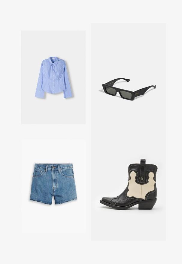 Siniraitaiset sinivalkoiset pitkähihaiset nappipaidat, joissa on levitetty kaulus, istuva mitoitus ja kaareva helma. Kankainen puuvillamateriaali.; Vaaleansiniset farkkushortsit, joissa on viisi taskua, vetoketjukiinnitys ja nappisulku. Helmassa on revitty viimeistely ja rento istuvuus.; Mustangin musta ja vaaleanbeige nahkasaapas, jossa on valkoinen ommel, teräväkärkinen malli, kaarevat kuvioinnit ja lyhyt paksu korko. Takana on vetoketju.; Mustat suorakulmaiset aurinkolasit tummilla linsseillä, valmistettu sileästä muovista. Sivussa on kultaiset kirjaimet, tyylikkäät varret ja moderni muotoilu.