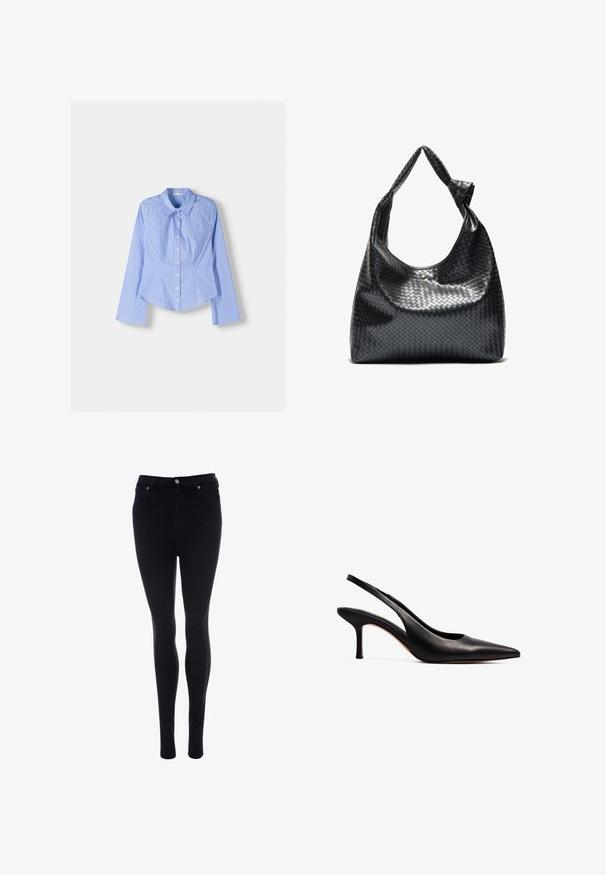 Siniraitaiset sinivalkoiset pitkähihaiset nappipaidat, joissa on levitetty kaulus, istuva mitoitus ja kaareva helma. Kankainen puuvillamateriaali.; Mustat skinny-farkut, jotka on valmistettu denimistä, jossa on sileä rakenne. Ominaisuuksiin kuuluu edessä nappi- ja vetoketjukiinnitys, viisi taskua ja tyylikäs istuvuus.; NA-KD Avokkaat - black; Musta kudottu nahkabag, jossa on rento muotoilu, ja jossa on solmittu hihna sekä pieni koristeellinen kultatappi ylhäällä.