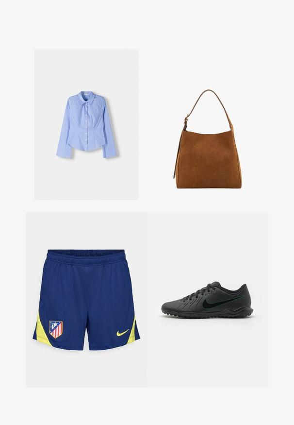 Chemise à manches longues rayée bleue et blanche, avec col évasé, coupe ajustée et ourlet arrondi. Matière en coton texturé.; Shorts de sport bleu marine avec des accents jaunes, dotés d'une taille élastique et d'inserts latéraux. Logo du club brodé sur la cuisse gauche.; Crampons de football noirs avec une tige synthétique texturée, un design incurvé, une semelle extérieure noire et un logo Nike teal sur le côté. Fermeture à lacets.; Sac à épaule en suède marron avec un dessus arrondi, une bandoulière simple et une texture lisse. Présente un design minimaliste et des lignes épurées.