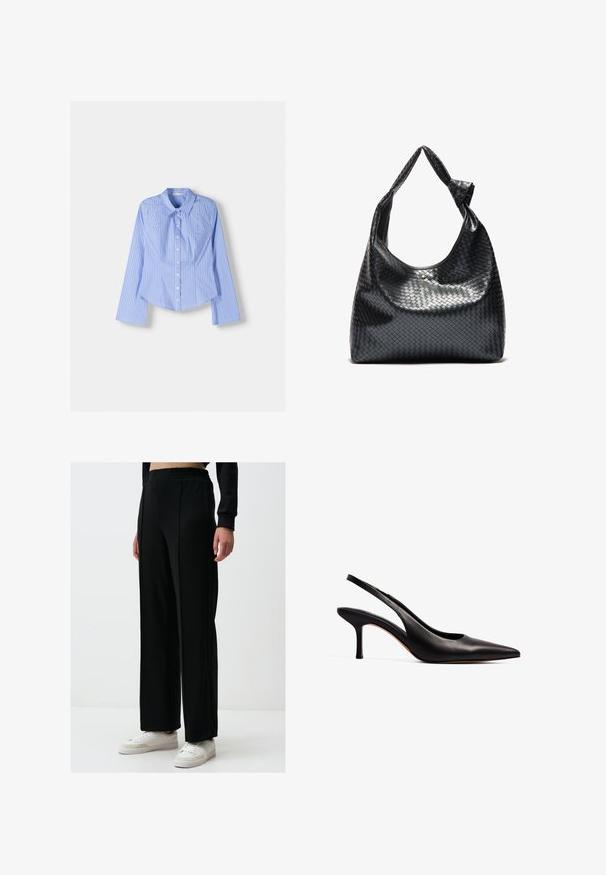Niebieska i biała w paski, długorękawowa koszula zapinana na guziki, z kołnierzykiem typu spread, dopasowanym krojem oraz zaokrąglonym dolnym wykończeniem. Teksturowany materiał bawełniany.; Czarne spodnie o szerokich nogawkach z elastycznym paskiem, wykonane z gładkiego materiału; w połączeniu z białymi sneakersami z delikatnymi akcentami.; NA-KD - Czółenka; Czarna, pleciona skórzana torba o luźnym fasonie, z węzełkowym paskiem i małym dekoracyjnym złotym ćwiekiem na górze.