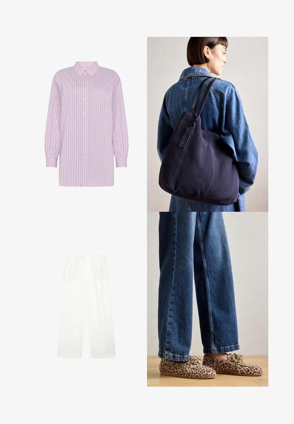 Moves NELLA - Košilová halenka  - mauve mist; Bílé široké kalhoty vyrobené z lehkého materiálu, s plochým předním dílem, se záhyby a páskem, nabízející volný a vzdušný střih.; Mokasíny s leopardím potiskem vyrobené z semiše, s kulatou špičkou, šněrovacím designem a plochými, flexibilními podrážkami, spárovány s modrými džíny.; Námornícká plátenná taška přes rameno s měkkým, strukturovaným tvarem, vybavená černým popruhem, prošívanými detaily a malou značkovou visačkou.